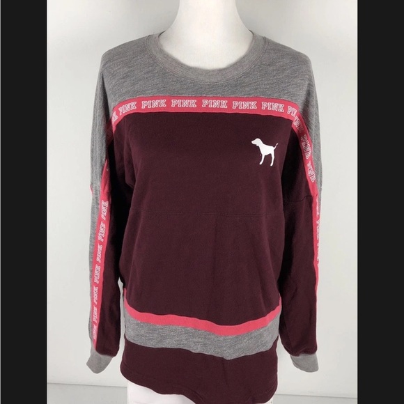 Victoria's Secret PINK Burgundy and Gray Crew Neck Sweatshirt - Picture 1 of 8